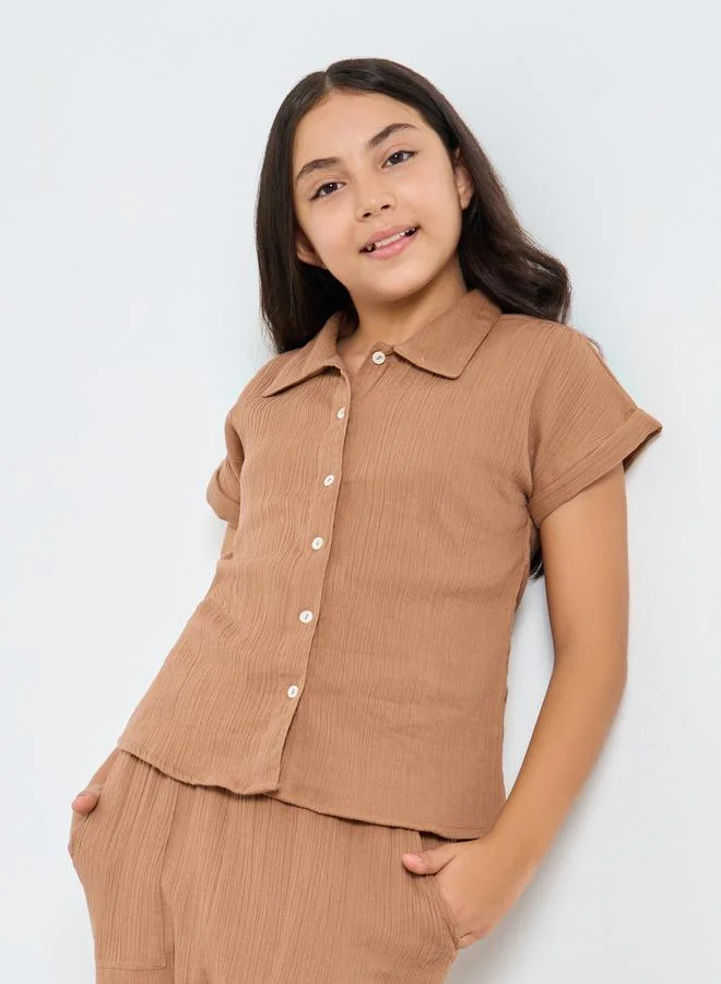 ستايلي Styli Girls Brown Cotton Double Gauze Shirt