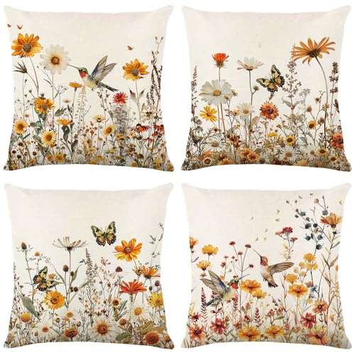 wyooxoo Spring Pillow Covers 18x18 Set of 4 Farmhouse Summer Throw Pillow Covers Floral Decorative Cushion Cases for Sofa Couch Outdoor Bedroom - Image 1