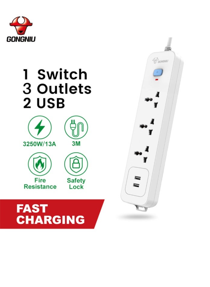 غونغنيو سلك تمديد كهربائي بثلاثة منافذ بطول 3 أمتار مع مفتاح رئيسي، ومنفذي USB، وثلاثة منافذ كهربائية متعددة الاستخدامات، وسلك تمديد متعدد المقابس مع فتحات تعليق للمنزل والمكتب - Image 5