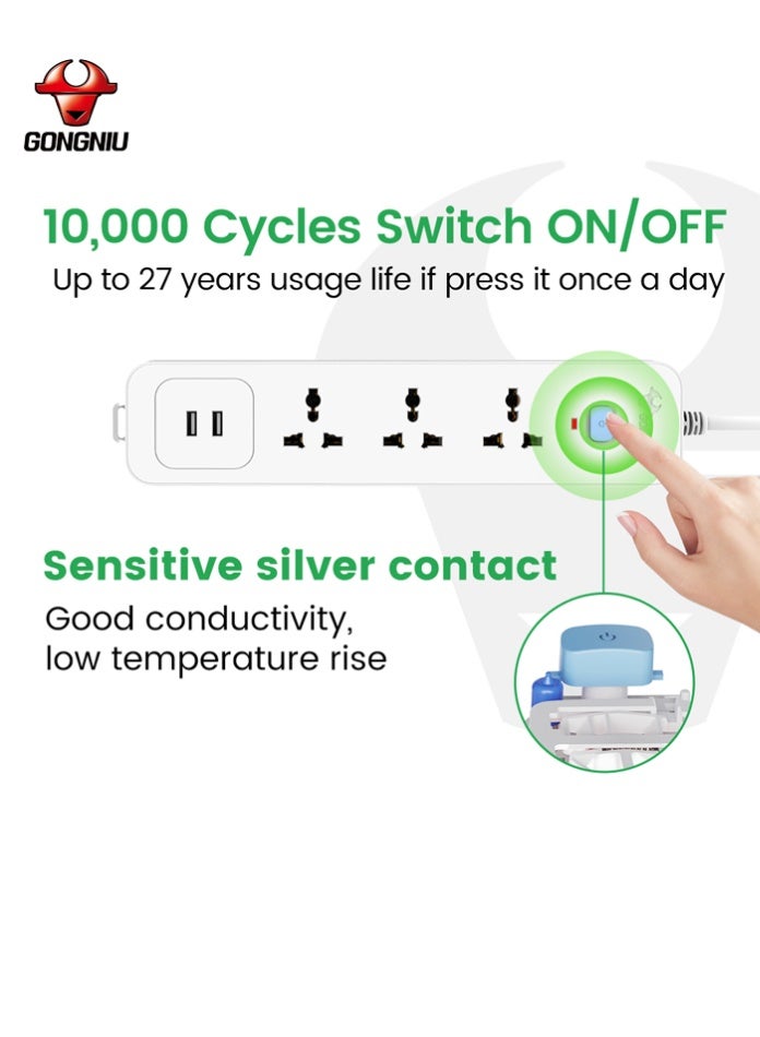 غونغنيو سلك تمديد كهربائي بثلاثة منافذ بطول 3 أمتار مع مفتاح رئيسي، ومنفذي USB، وثلاثة منافذ كهربائية متعددة الاستخدامات، وسلك تمديد متعدد المقابس مع فتحات تعليق للمنزل والمكتب - Image 4