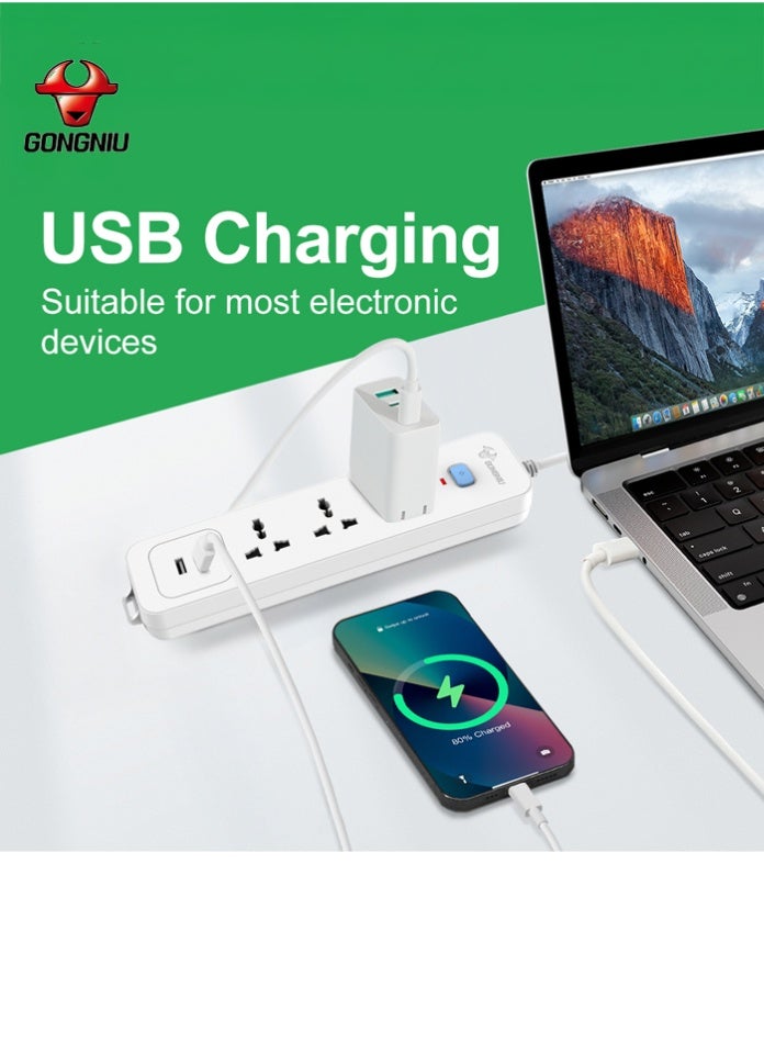 غونغنيو سلك تمديد كهربائي بثلاثة منافذ بطول 3 أمتار مع مفتاح رئيسي، ومنفذي USB، وثلاثة منافذ كهربائية متعددة الاستخدامات، وسلك تمديد متعدد المقابس مع فتحات تعليق للمنزل والمكتب - Image 3