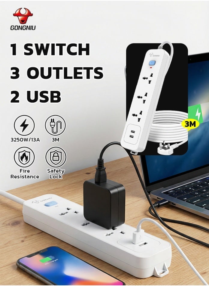 غونغنيو سلك تمديد كهربائي بثلاثة منافذ بطول 3 أمتار مع مفتاح رئيسي، ومنفذي USB، وثلاثة منافذ كهربائية متعددة الاستخدامات، وسلك تمديد متعدد المقابس مع فتحات تعليق للمنزل والمكتب - Image 1
