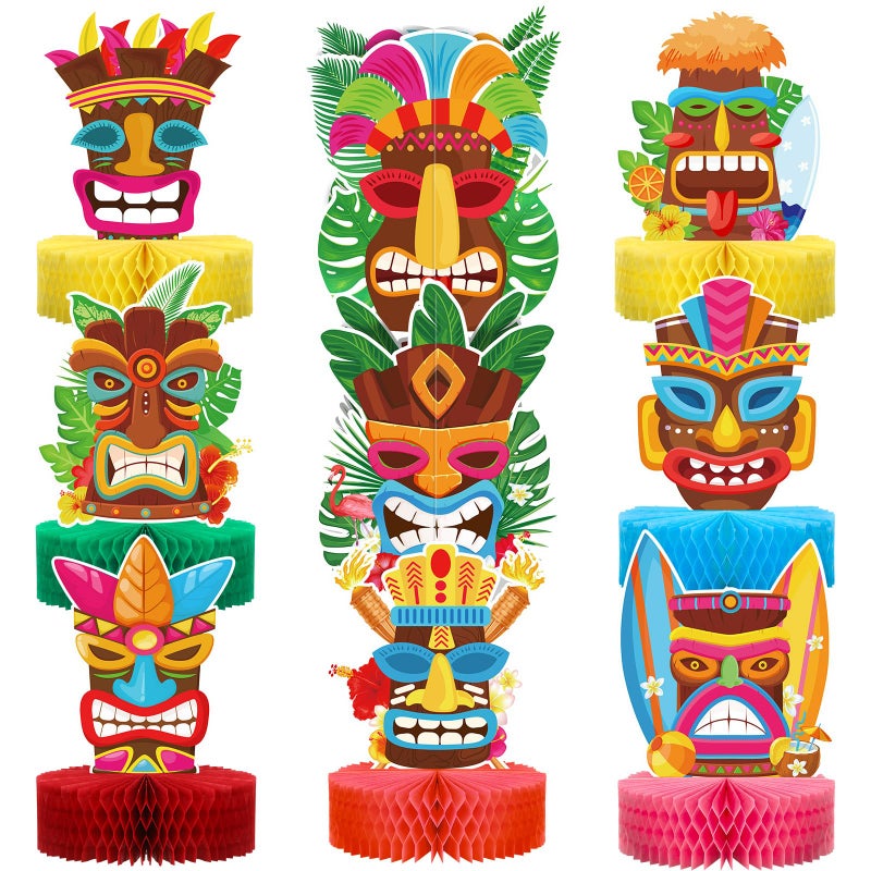 Geyee 9 Pcs Hawaiian Luau Honeycomb Centerpiece Tiki Tropical Table Toppers Party Decorations Luau Double Side Table Paper Toppers Signs for Hawaii Birthday Beach Pool Party Supplies - Image 3