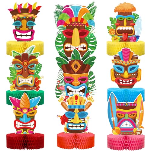 Geyee 9 Pcs Hawaiian Luau Honeycomb Centerpiece Tiki Tropical Table Toppers Party Decorations Luau Double Side Table Paper Toppers Signs for Hawaii Birthday Beach Pool Party Supplies - Image 1
