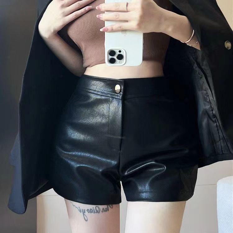 Khaki split puleather butt shorts autumn all-match high waist thin solid color underwear boots pants small leather pants 877# Black [Classic Deduction]]