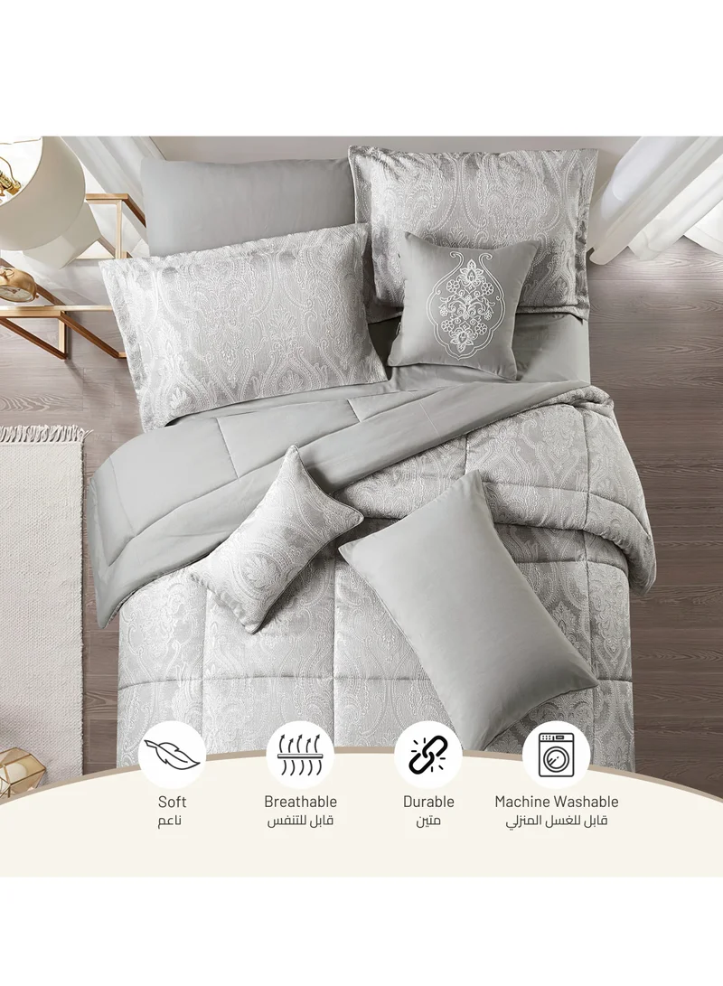 Donetella Bedding Comforter Set 5-Pcs Single Size Solid Jacquard Embroidery Bed Set Fits (120 x 200 CM) With 350GSM Poly Silk FIlling, Grey