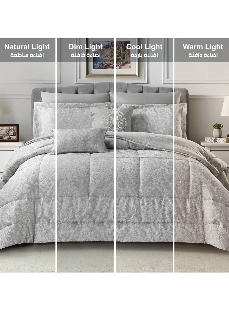 Donetella Bedding Comforter Set 5-Pcs Single Size Solid Jacquard Embroidery Bed Set Fits (120 x 200 CM) With 350GSM Poly Silk FIlling, Grey