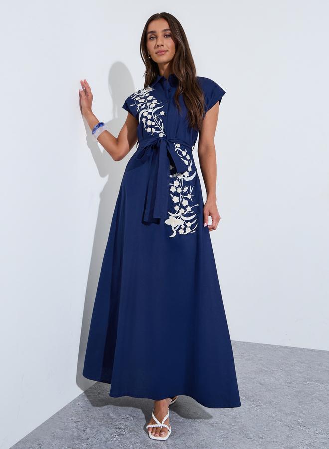Styli Navy Blue Embroidered Panel Cotton Shirt Maxi Dress - Image 1