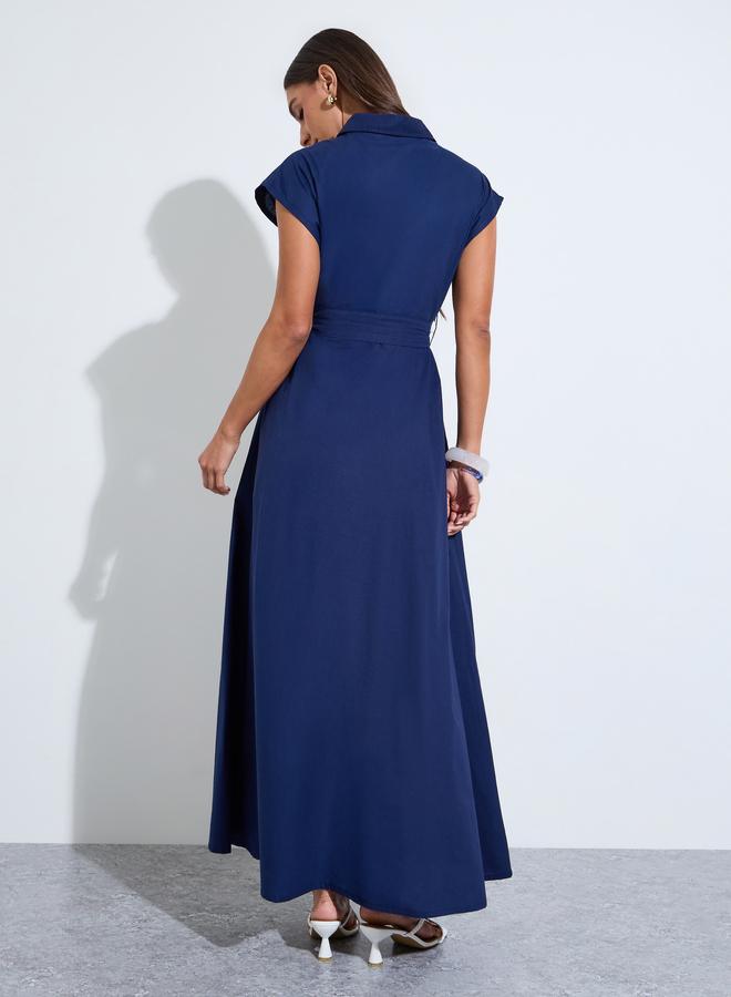 Styli Navy Blue Embroidered Panel Cotton Shirt Maxi Dress - Image 3