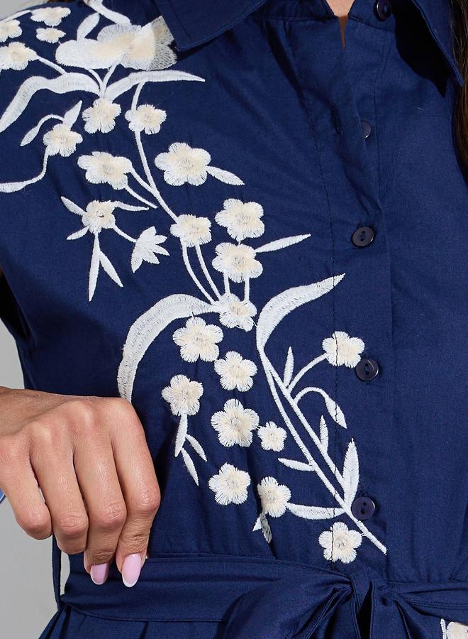 Styli Navy Blue Embroidered Panel Cotton Shirt Maxi Dress - Image 4