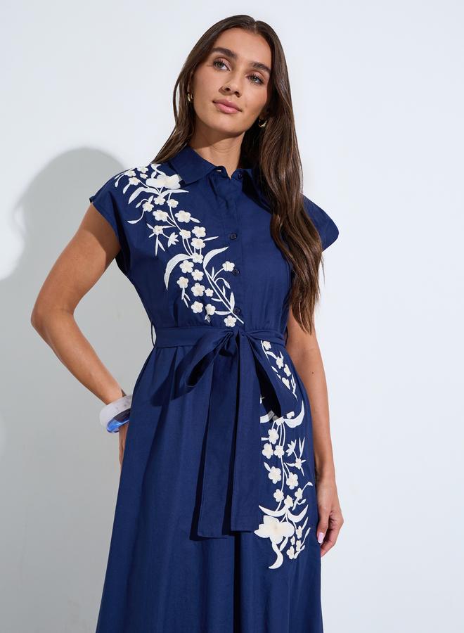Styli Navy Blue Embroidered Panel Cotton Shirt Maxi Dress - Image 2