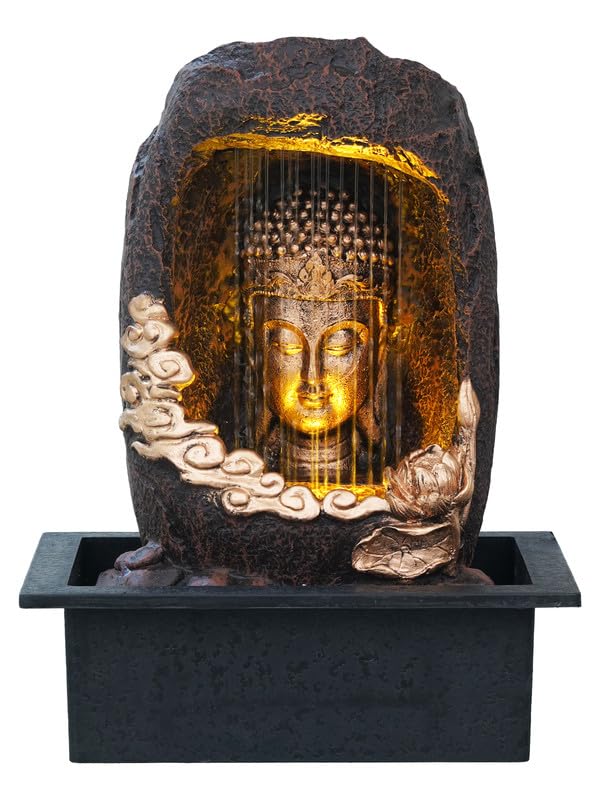 INDIANA CRAFT INDIANA CRAFT Polyresin Tabletop Gold Brown Meditating Buddha Sitting in Cave Style Indoor Front Curtain Water Fountain for Home Decor with LED Light Speed Controller Pump Size 40 x 22 x 295CM 