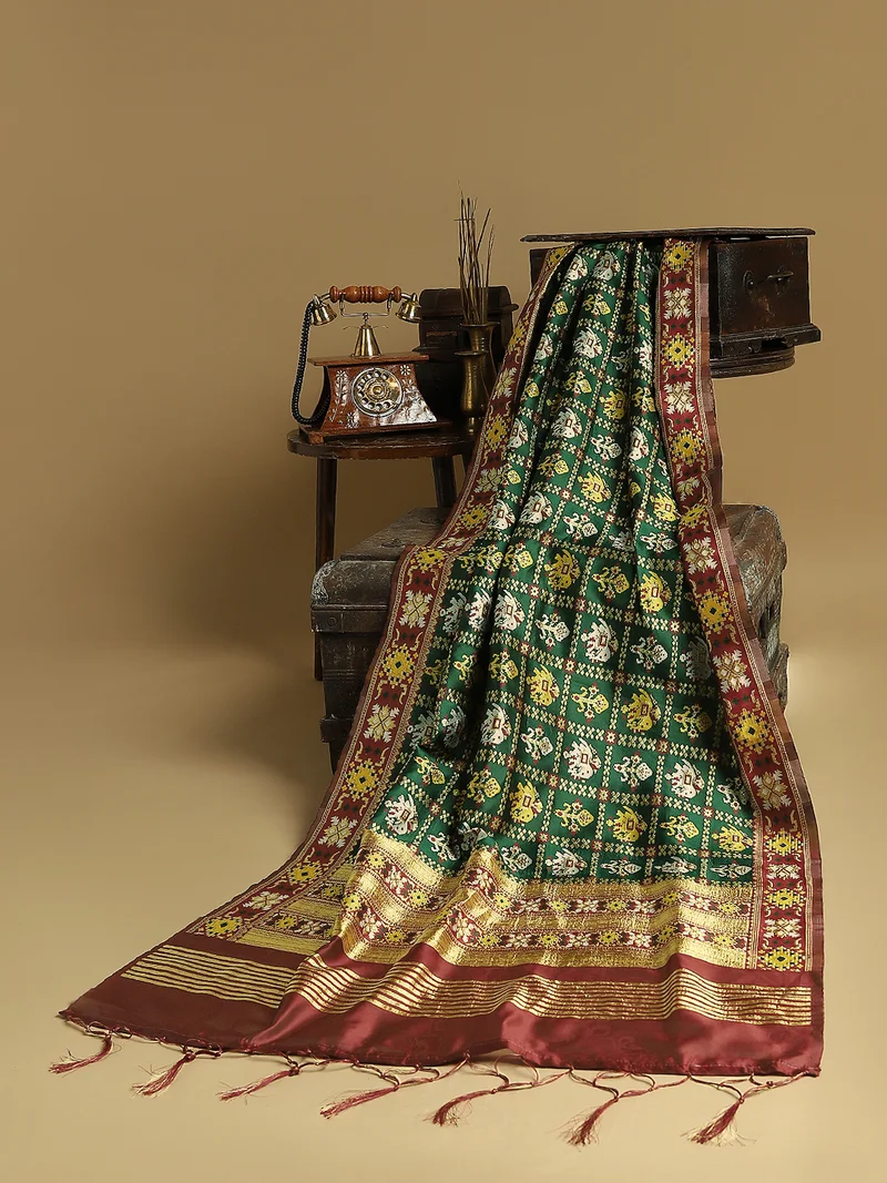 globus Globus Women Green Patola Woven Design Silk Tasselled Border Festive Dupatta