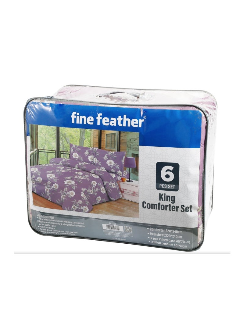 Homeway Fine Feather King Comforter 6-Piece Bedding Set 220 × 240 cm Floral Design with Flat Sheet, Bedsheet & Pillowcases, FF1481, Purple - Image 2