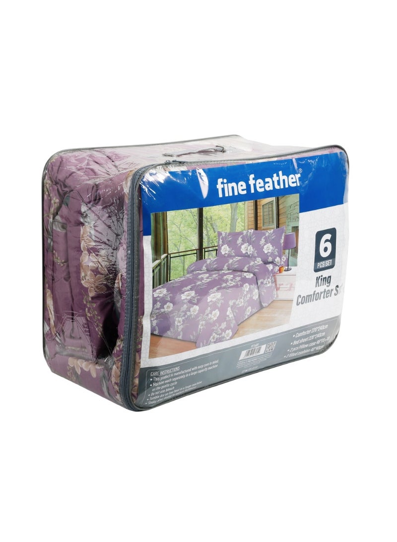 Homeway Fine Feather King Comforter 6-Piece Bedding Set 220 × 240 cm Floral Design with Flat Sheet, Bedsheet & Pillowcases, FF1481, Purple - Image 1