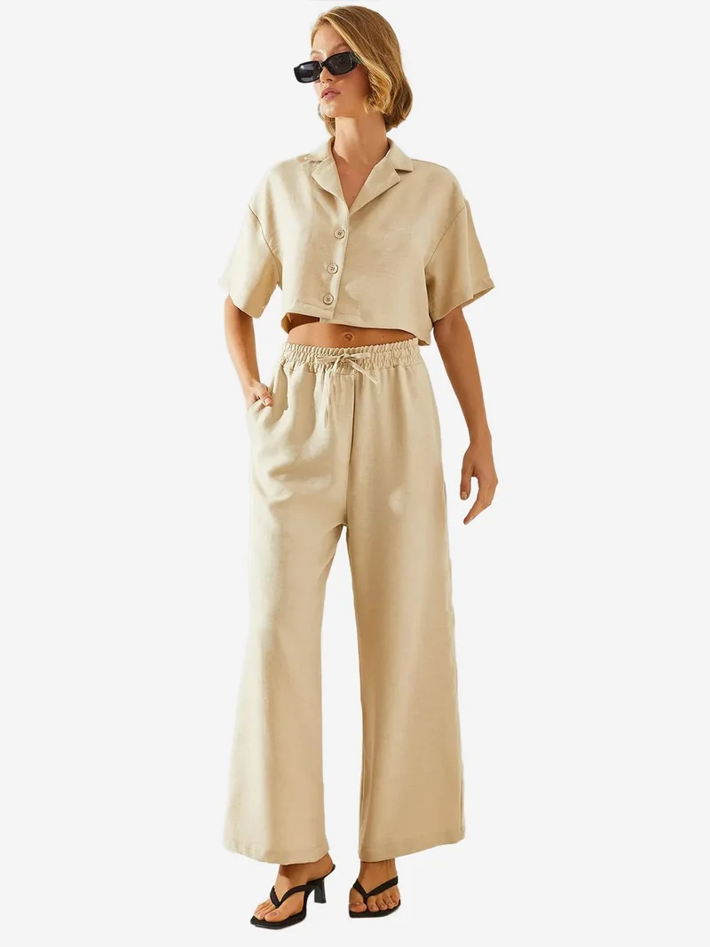 LUCCI Buttoned Crop Shirt and Wide Leg Pants Co-ord Set