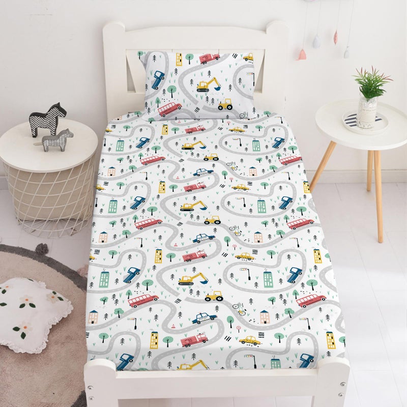 Yasida Twin Kids Fitted Sheets Road Traffic Themed Sheet and Pillowcases Set Cute Cartoon Truck Bed Boys Twin Sheet Set 2 Piece Bedding Decor Set(NO Flat Sheets) - Image 1