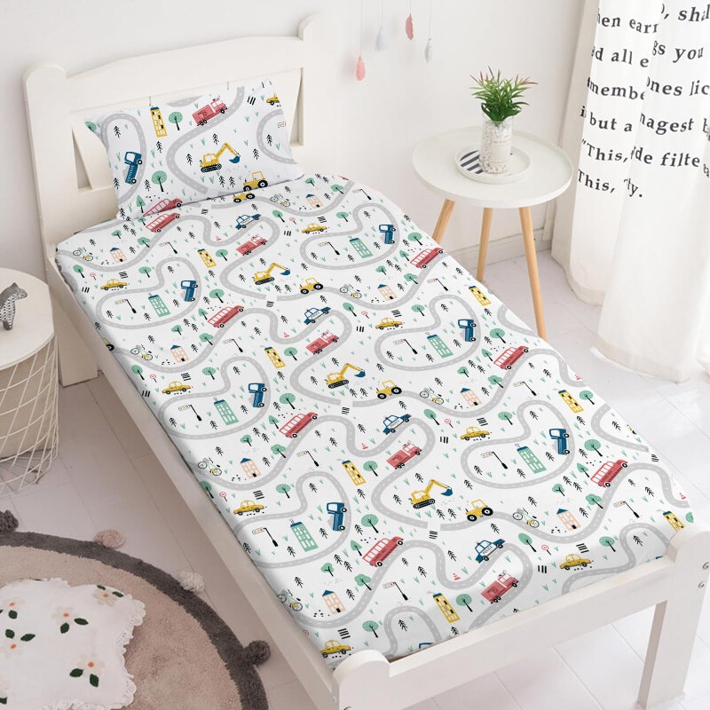 Yasida Twin Kids Fitted Sheets Road Traffic Themed Sheet and Pillowcases Set Cute Cartoon Truck Bed Boys Twin Sheet Set 2 Piece Bedding Decor Set(NO Flat Sheets) - Image 2