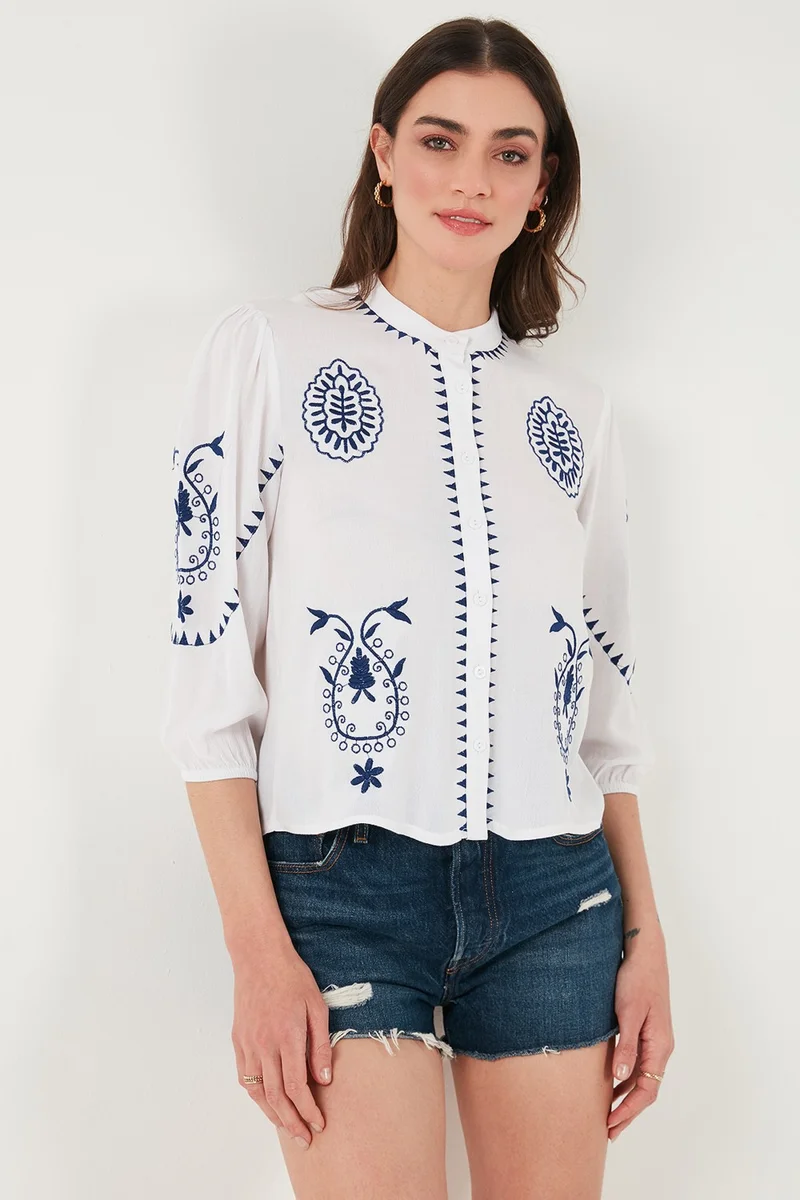 Lela Embroidered Three Quarter Sleeve Judge Collar Cotton Şile Cloth Shirt Women's Shirt 611BZ0044