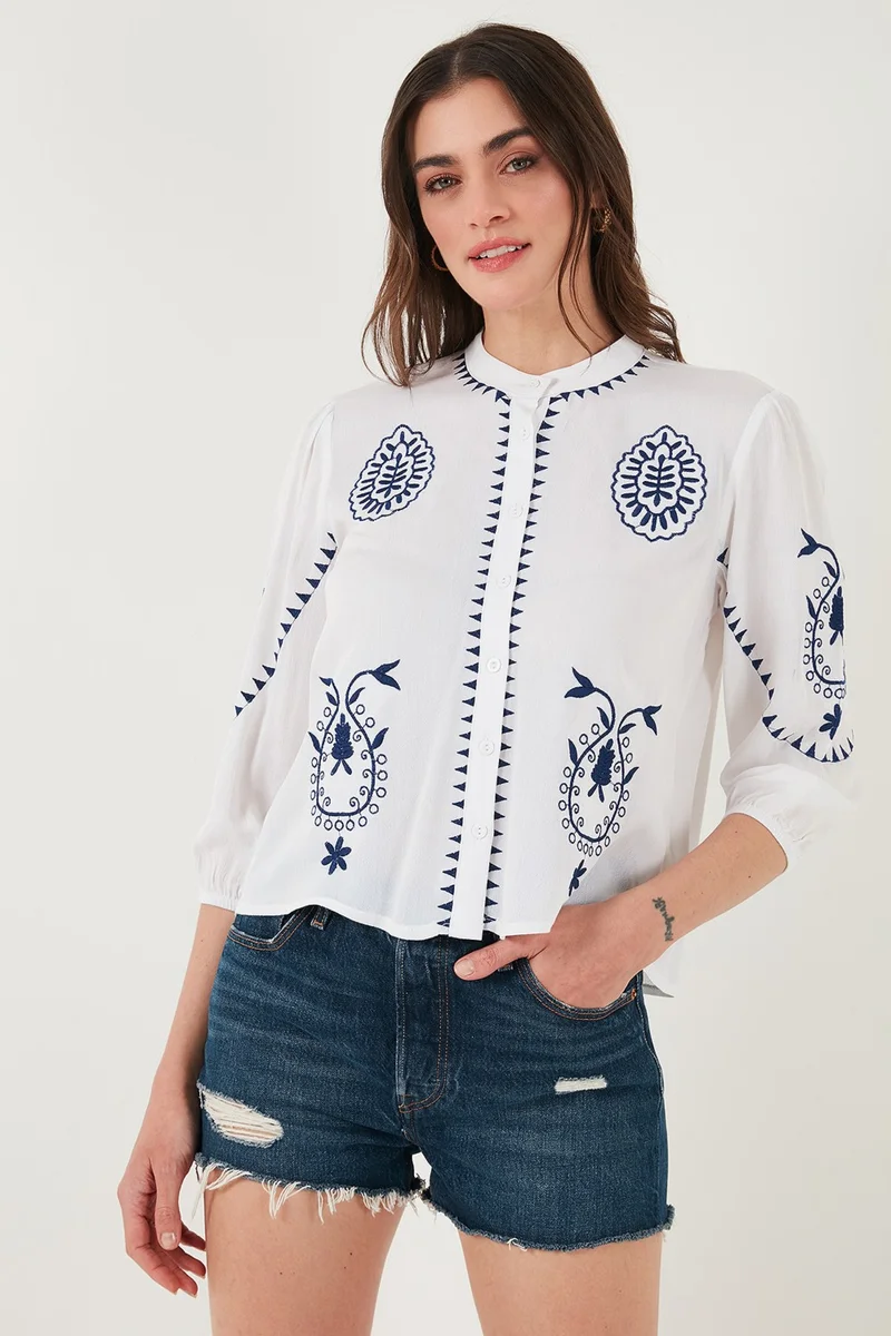 Lela Embroidered Three Quarter Sleeve Judge Collar Cotton Şile Cloth Shirt Women's Shirt 611BZ0044