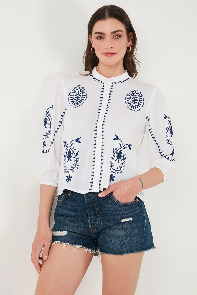Lela Embroidered Three Quarter Sleeve Judge Collar Cotton Şile Cloth Shirt Women's Shirt 611BZ0044