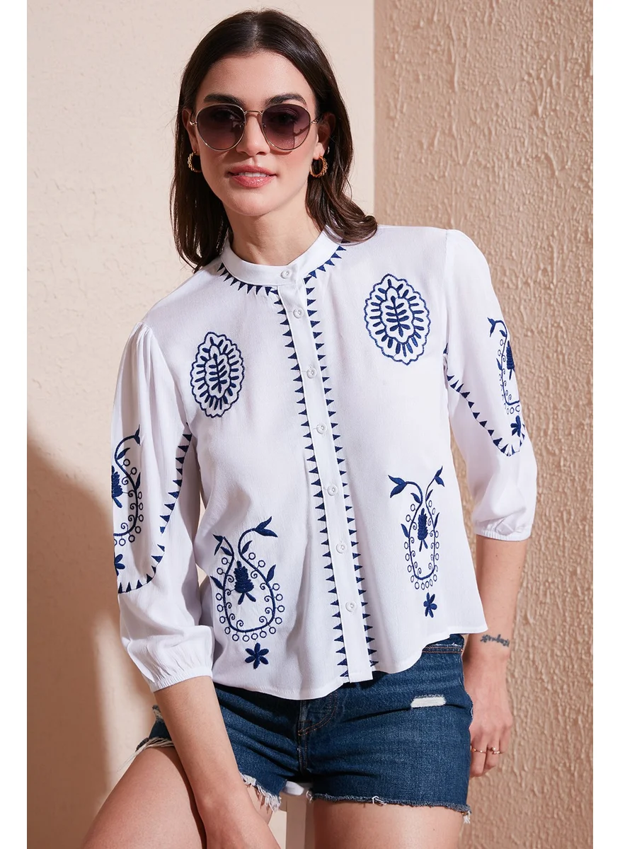 Lela Embroidered Three Quarter Sleeve Judge Collar Cotton Şile Cloth Shirt Women's Shirt 611BZ0044
