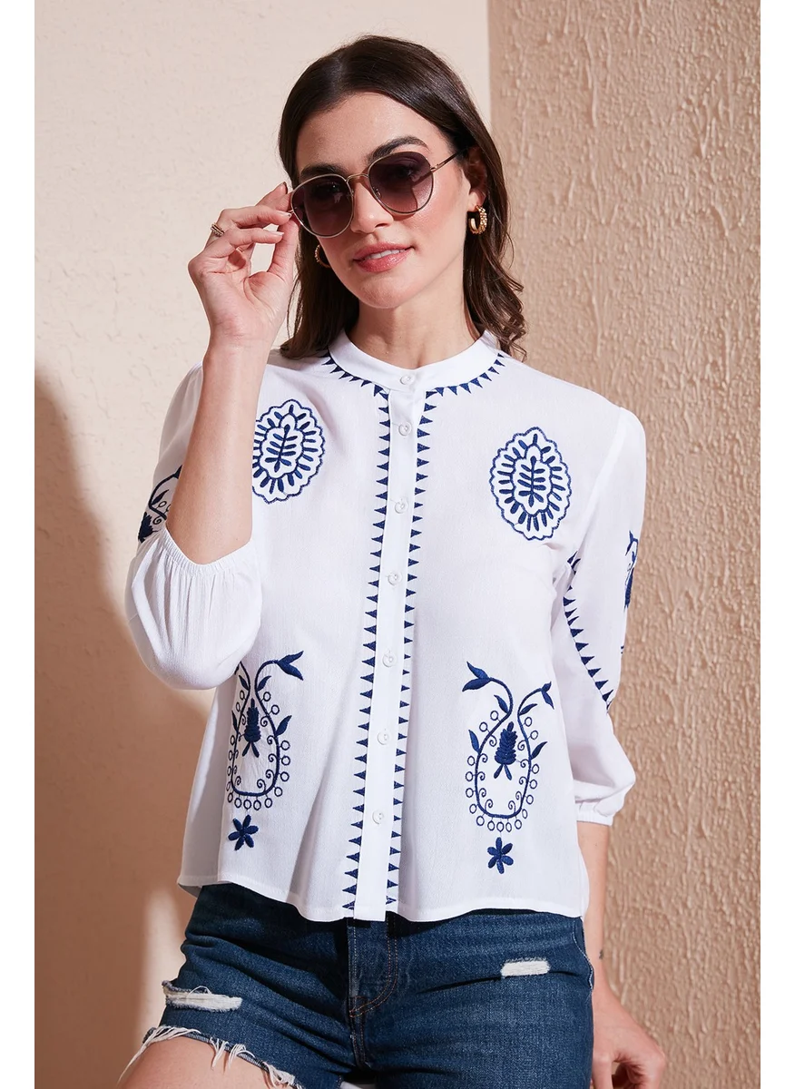 Lela Embroidered Three Quarter Sleeve Judge Collar Cotton Şile Cloth Shirt Women's Shirt 611BZ0044