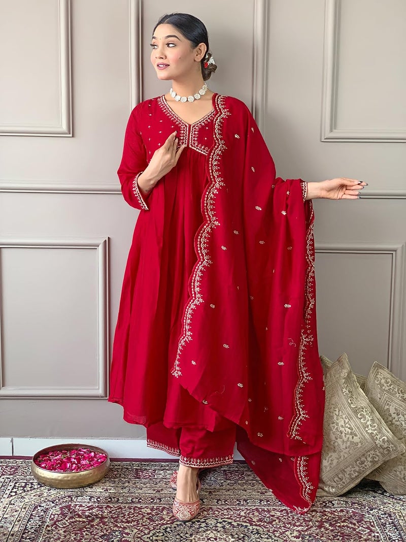 Naixa Women's Red Vichitra Silk Embroidered A-line Kurta with Vichitra Silk Pant and Chinon Embroidered Dupatta Sets (NK-443-Red-XL) - Image 2