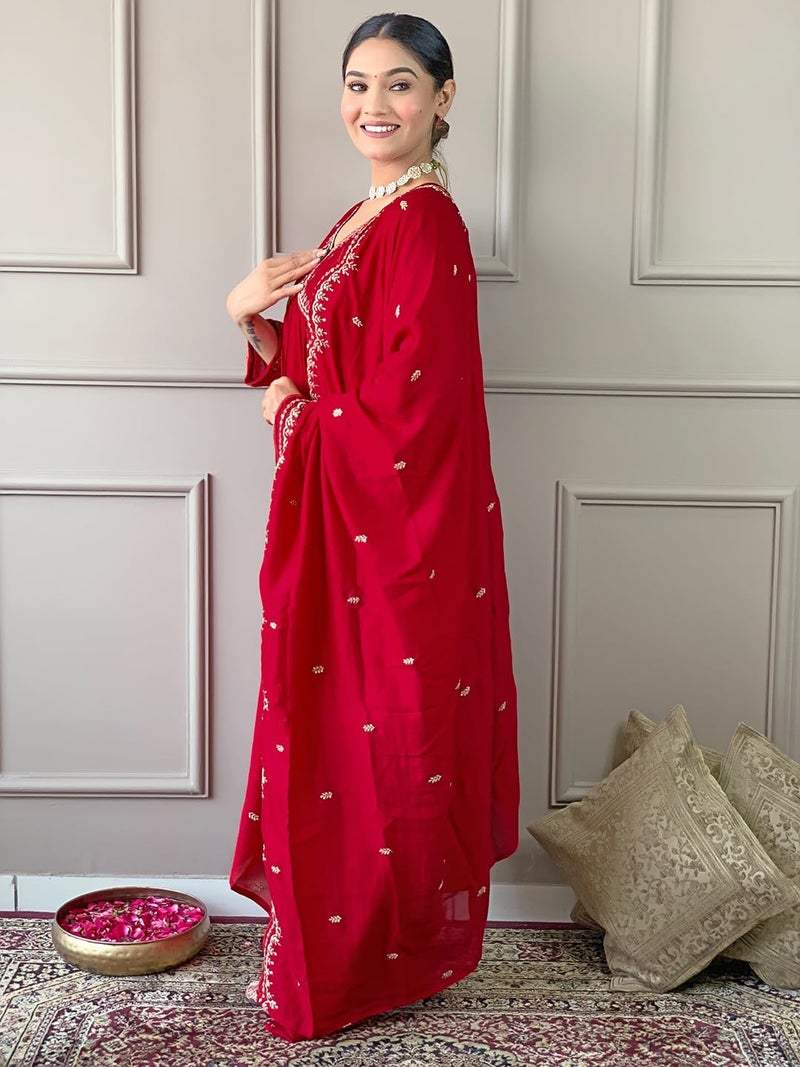 Naixa Women's Red Vichitra Silk Embroidered A-line Kurta with Vichitra Silk Pant and Chinon Embroidered Dupatta Sets (NK-443-Red-XL) - Image 3