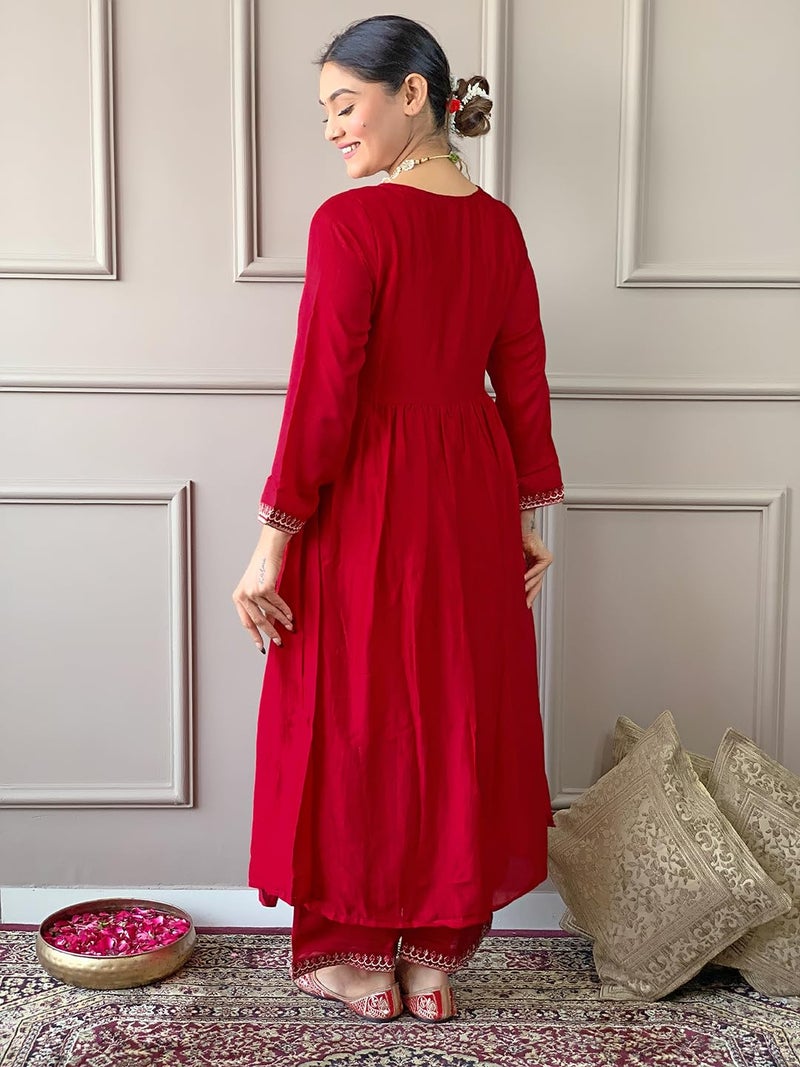Naixa Women's Red Vichitra Silk Embroidered A-line Kurta with Vichitra Silk Pant and Chinon Embroidered Dupatta Sets (NK-443-Red-XL) - Image 4