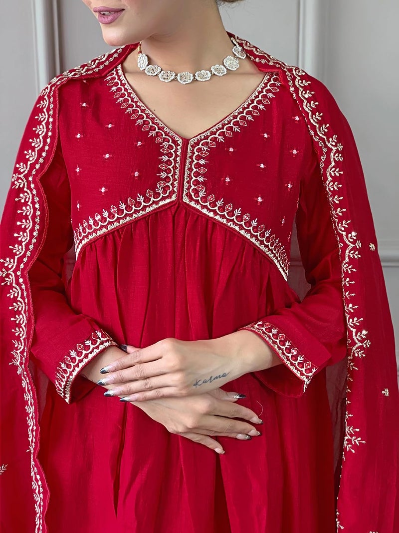 Naixa Women's Red Vichitra Silk Embroidered A-line Kurta with Vichitra Silk Pant and Chinon Embroidered Dupatta Sets (NK-443-Red-XL) - Image 5