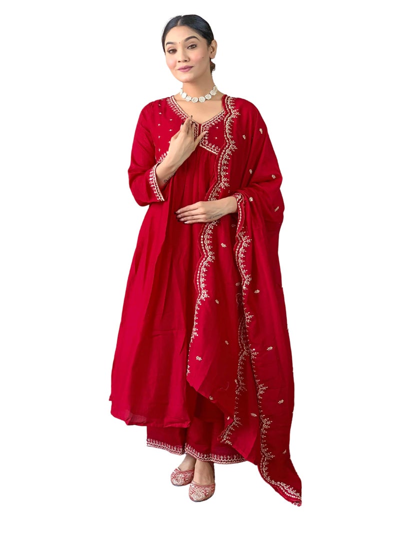 Naixa Women's Red Vichitra Silk Embroidered A-line Kurta with Vichitra Silk Pant and Chinon Embroidered Dupatta Sets (NK-443-Red-XL) - Image 1