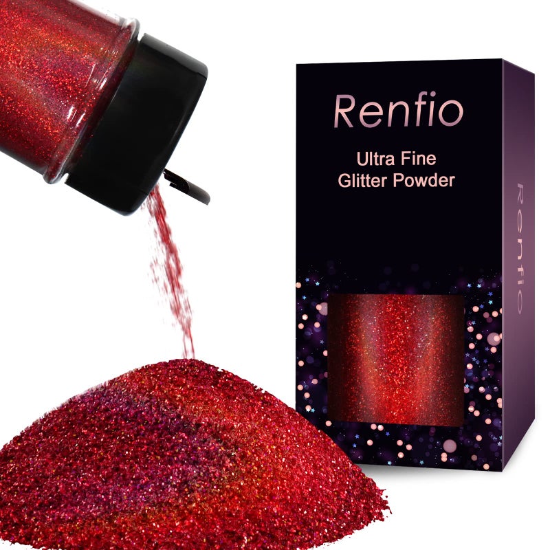 Renfio Holographic Ultra Fine Glitter Powder Metallic Resin Glitter 2.11 Oz/60g PET Flakes Crafts Sequins 1/128" 0.008" 0.2mm Epoxy Chips Flakes for Tumblers Slime Roses Decorations - Laser Wine Red - Image 1