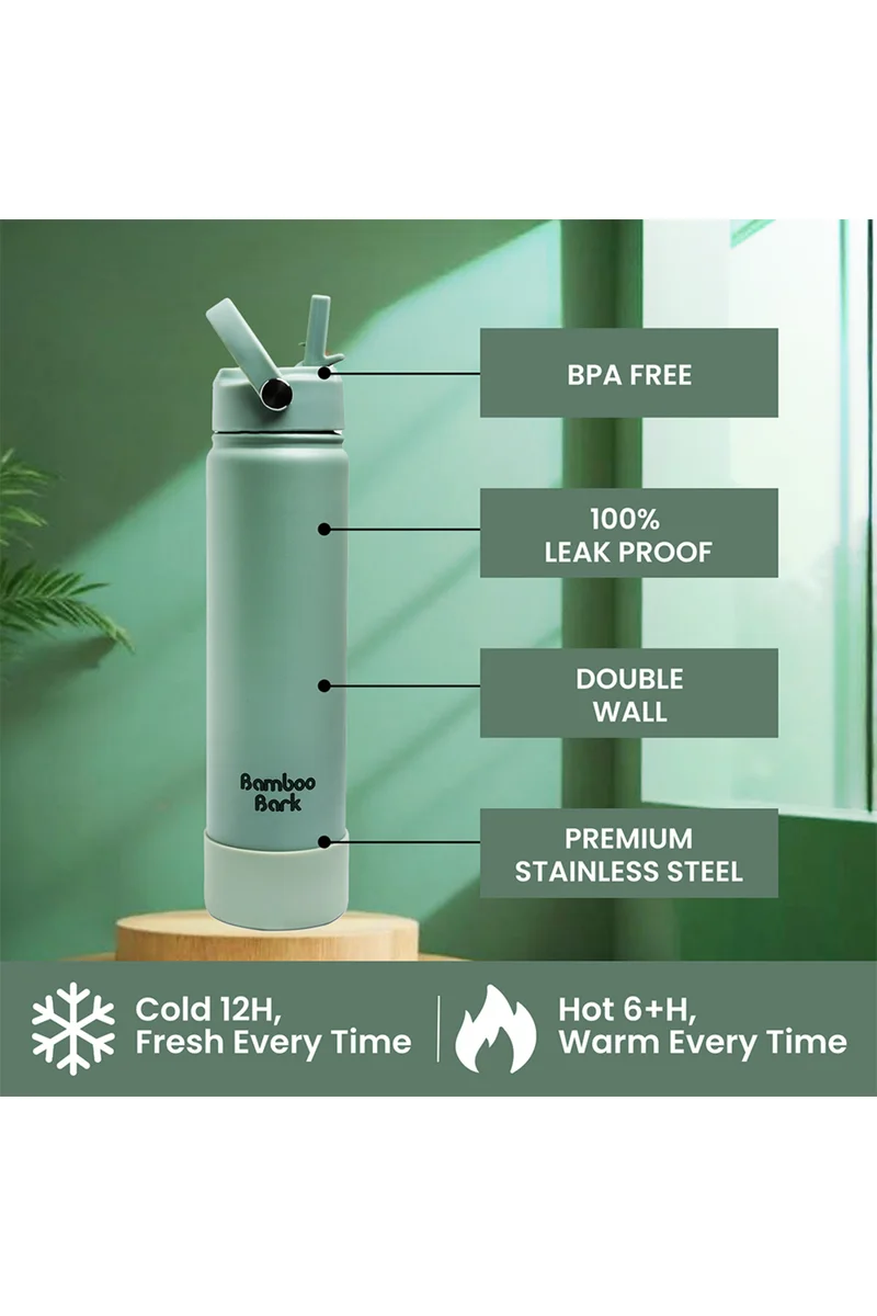 Bamboo Bark Bamboo Bark 750 ML Insulated Water Bottle with Sipper Lid – Stainless Steel Double Wall Vacuum Flask for Hot & Cold Water Leak-Proof, Reusable Sports Thermos Bottle - (Dull Sage Green)