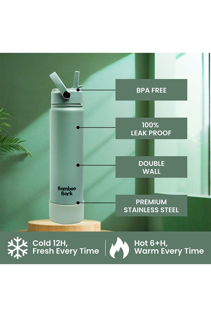 Bamboo Bark 750 ML Insulated Water Bottle with Sipper Lid – Stainless Steel Double Wall Vacuum Flask for Hot & Cold Water Leak-Proof, Reusable Sports Thermos Bottle - (Dull Sage Green) - Image 2