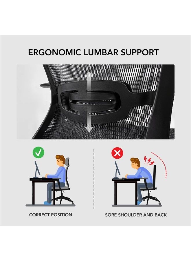 Flexispot كرسي مكتب مريح ذو ظهر مرتفع من الشبك كرسي كمبيوتر دوار لمكتب المنزل مع عجلات دعم قطني أسود عميق - Image 4