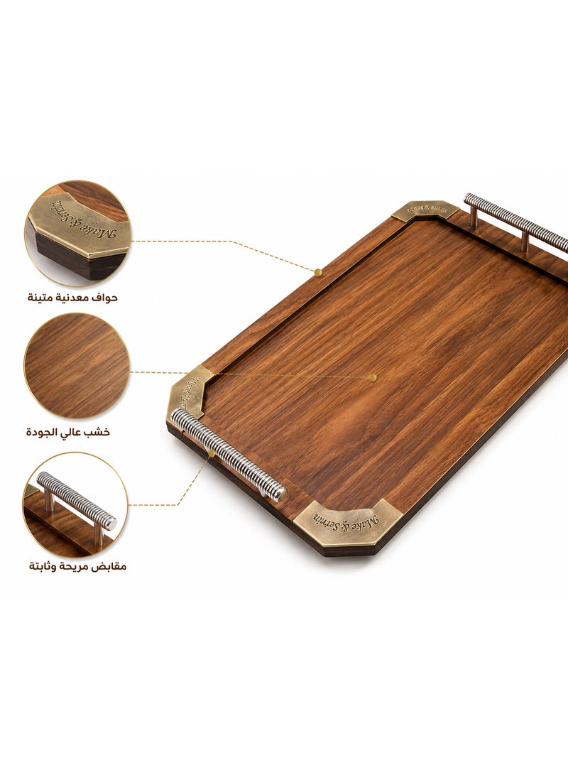 2-Piece Rectangular Wooden Serving Tray Set with Metal Handles & Corners (Large & Small) - Brown - Image 2
