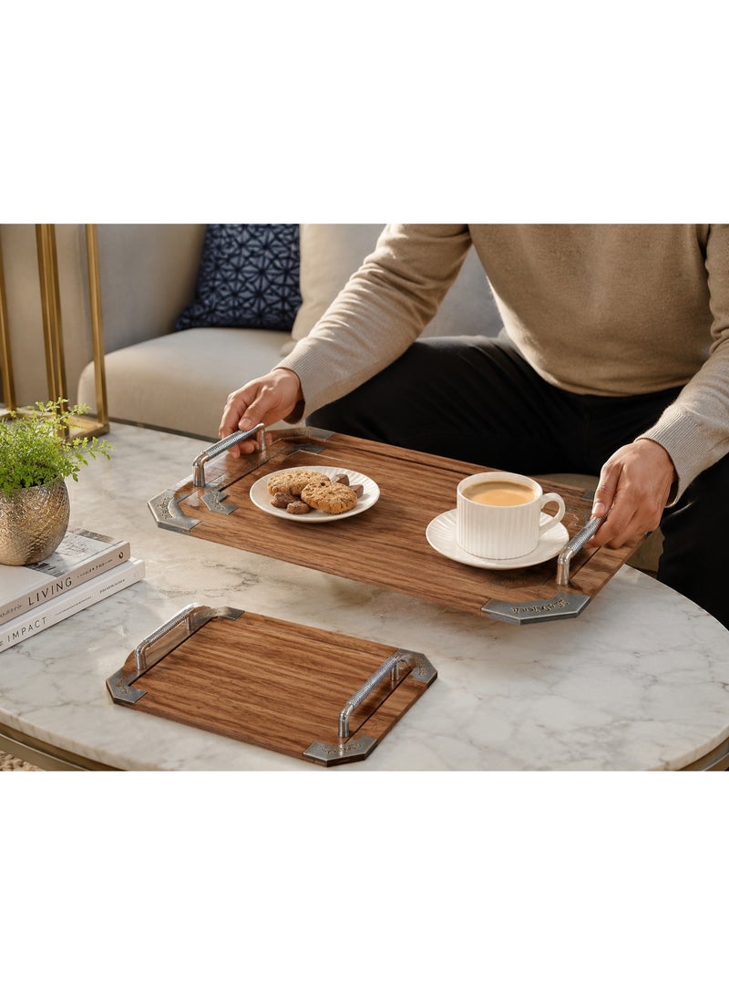 2-Piece Rectangular Wooden Serving Tray Set with Metal Handles & Corners (Large & Small) - Brown - Image 3