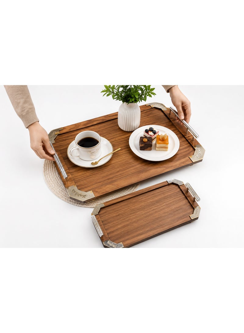 2-Piece Rectangular Wooden Serving Tray Set with Metal Handles & Corners (Large & Small) - Brown - Image 4