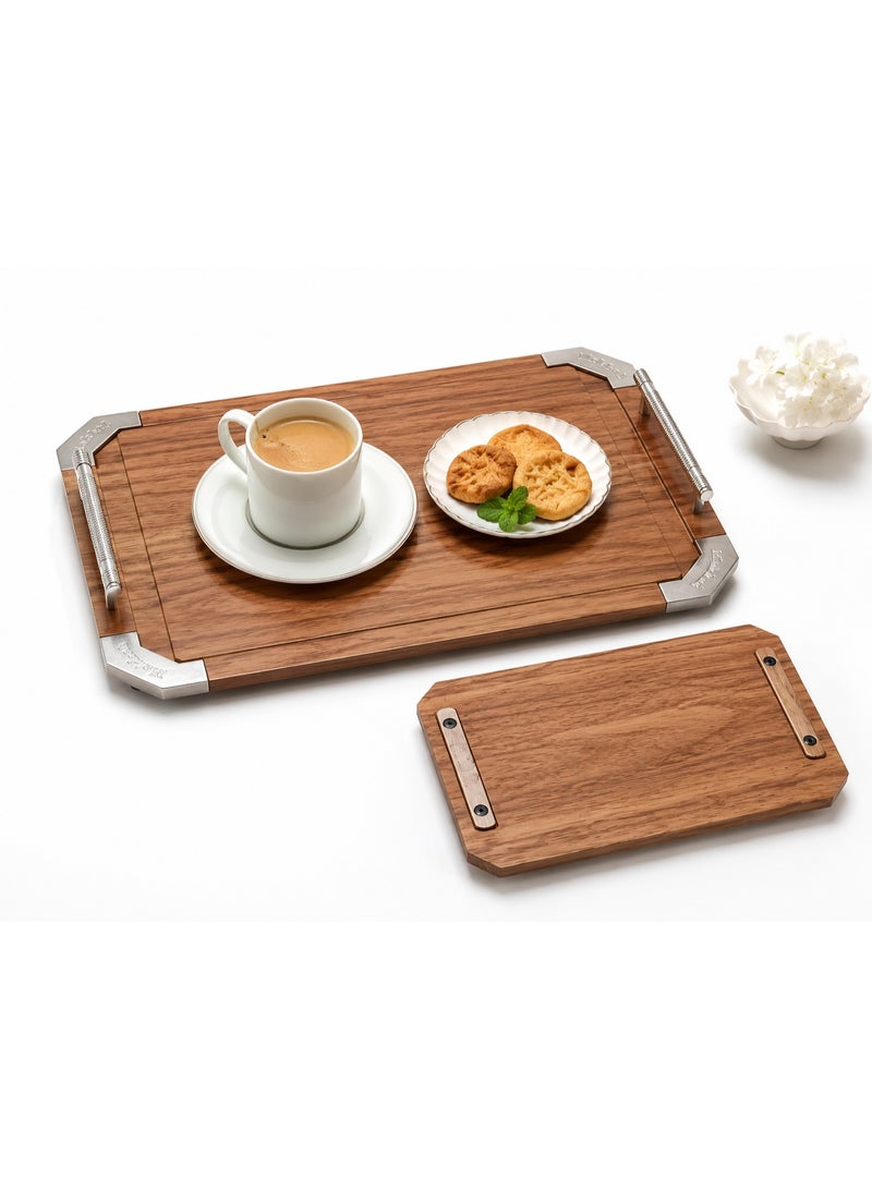 2-Piece Rectangular Wooden Serving Tray Set with Metal Handles & Corners (Large & Small) - Brown - Image 1