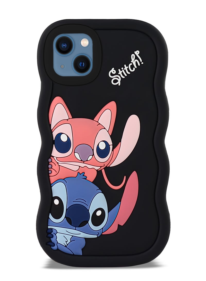 حافظة هاتف من السيليكون الناعم المموج ثلاثية الأبعاد من Lilo and Stitch لهاتف Iphone 15 (أسود) - Image 1