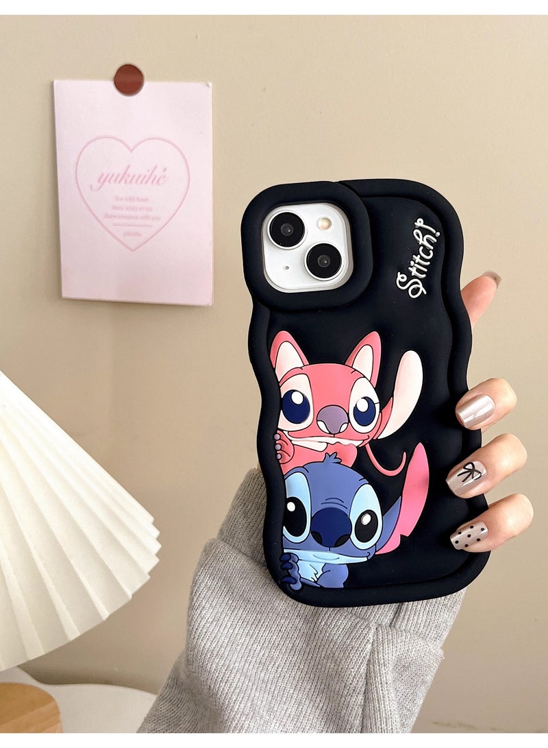 حافظة هاتف من السيليكون الناعم المموج ثلاثية الأبعاد من Lilo and Stitch لهاتف Iphone 15 (أسود) - Image 2