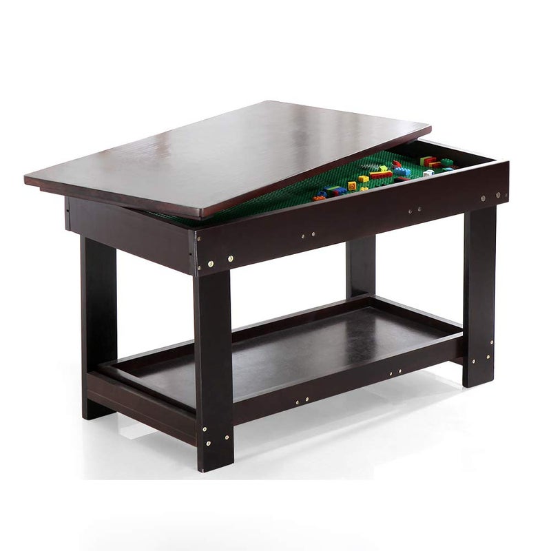 YouHi Kids Activity Table with Board for Bricks Activity Play Table Dark Brown