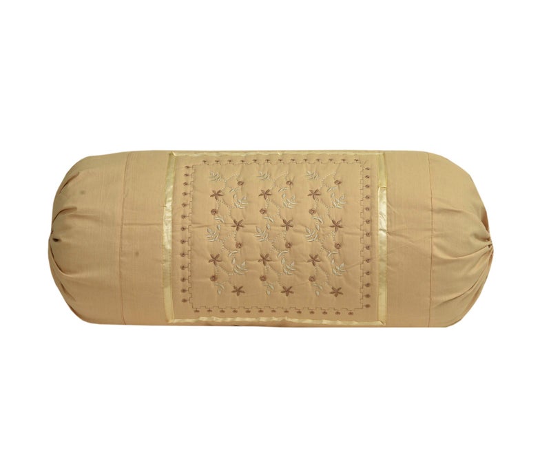 HSR Collection Cotton Embroidered Bolsters Cover (Light Brown, Standard) - Pack of 2 - Image 2