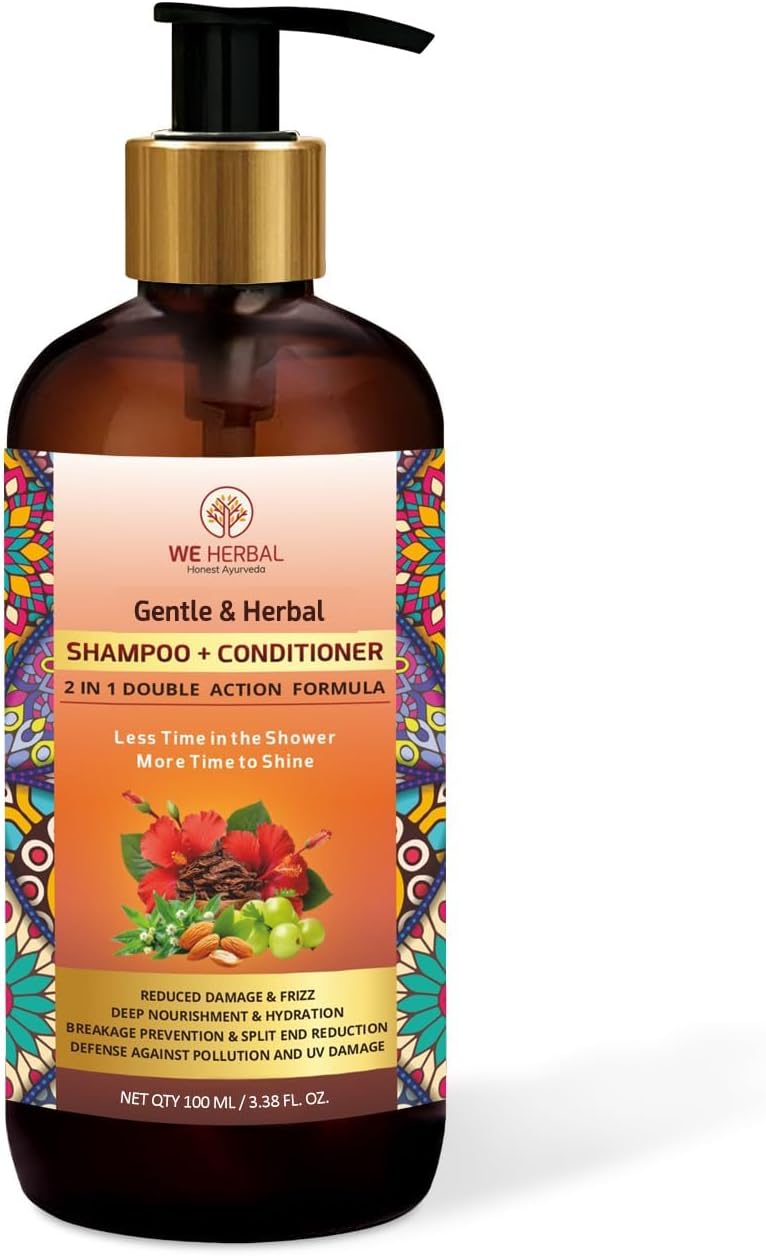 WE HERBAL 2-in-1 Ayurvedic Shampoo & Conditioner, Sulphate-Free Natural Hair Care with Bhringraj, Amla & Argan Oil, Strengthens Roots, Smoothens Hair & Adds Shine – 100ml - Image 1