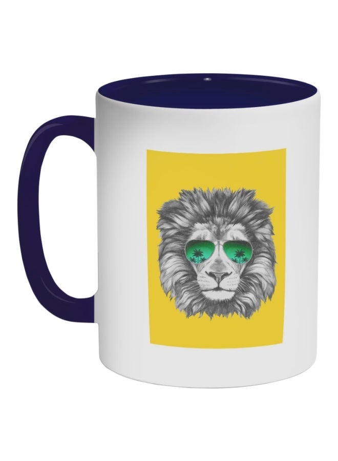 RYN Lion Wearing Glasses Printed Coffee Mug White/Blue/Grey 11ounce