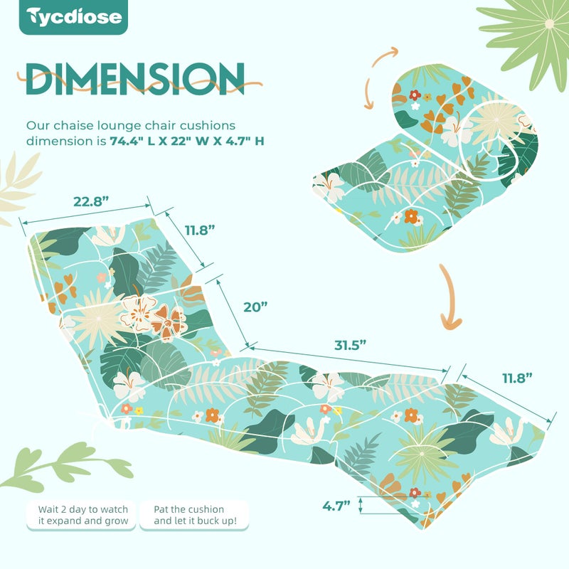 Tycdiose Outdoor Chaise Lounge Chair Cushion Waterproof 74.4 x 22 x 4.7 Inches Thickened Memory Foam Patio Lounge Chair Cushions Replacement for Outdoor Furniture with Ties, Cyan Floral Leaf - Image 3