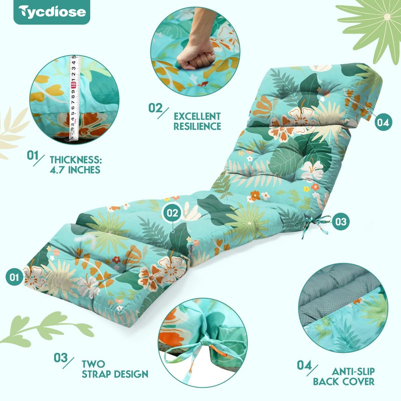 Tycdiose Outdoor Chaise Lounge Chair Cushion Waterproof 74.4 x 22 x 4.7 Inches Thickened Memory Foam Patio Lounge Chair Cushions Replacement for Outdoor Furniture with Ties, Cyan Floral Leaf - Image 5