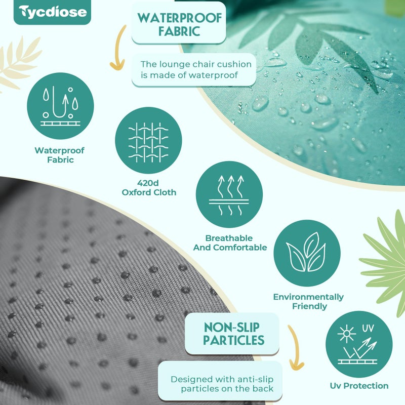 Tycdiose Outdoor Chaise Lounge Chair Cushion Waterproof 74.4 x 22 x 4.7 Inches Thickened Memory Foam Patio Lounge Chair Cushions Replacement for Outdoor Furniture with Ties, Cyan Floral Leaf - Image 4