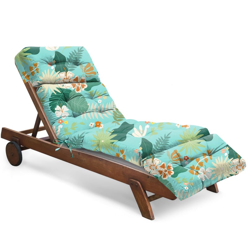 Tycdiose Outdoor Chaise Lounge Chair Cushion Waterproof 74.4 x 22 x 4.7 Inches Thickened Memory Foam Patio Lounge Chair Cushions Replacement for Outdoor Furniture with Ties, Cyan Floral Leaf - Image 1